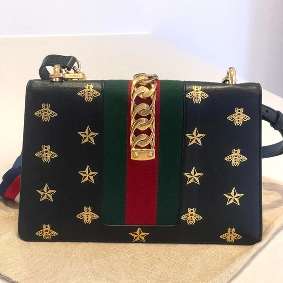 Gucci Sylvie Bee Star Medium Black Leather Extra Ribbon Strap Mint condition - Picture 10 of 14